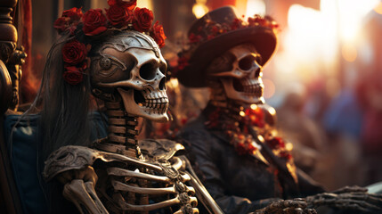 Skeletons decorated with flowers on Day of the Dead