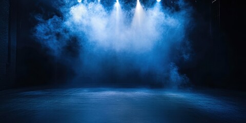 A dimly lit stage with blue spotlight beams and fog, creating a dramatic atmosphere.