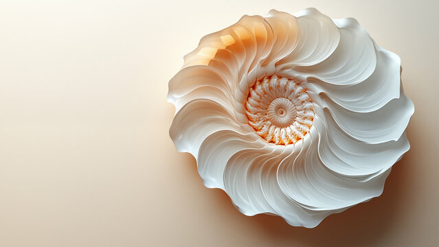 Elegant nautilus shell spiral on light background. Concept of natural geometry and golden ratio
