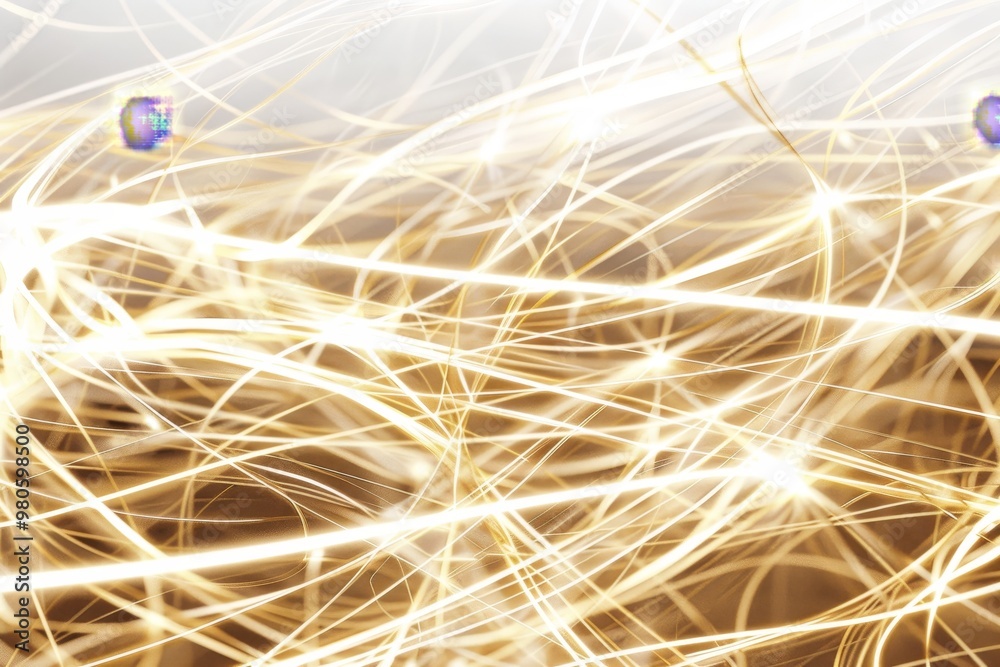 Poster Abstract light pattern with dynamic golden lines and energy flows, creating a vibrant and luminous visual effect that symbolizes speed and connectivity in a digital age.