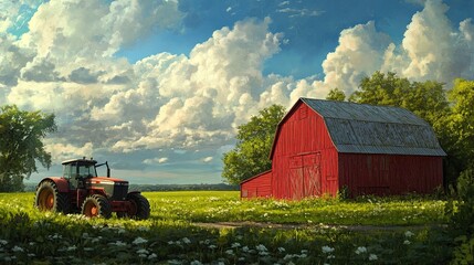 "Idyllic Farm Landscape with Red Barn and Tractor Under Blue Sky"