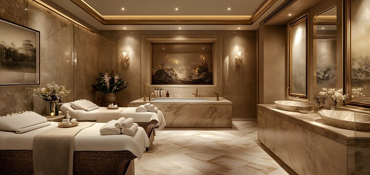 Luxurious spa interior with serene ambiance, featuring massage tables, elegant decor, and inviting warmth for ultimate relaxation.