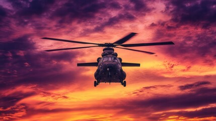 Helicopter Silhouette Against Dramatic Sunset Sky