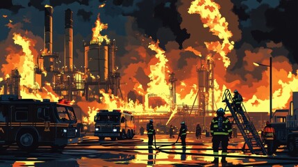 Obraz premium Dramatic illustration of firefighters battling a massive industrial fire with giant flames rising into the night sky capturing their bravery and determination.
