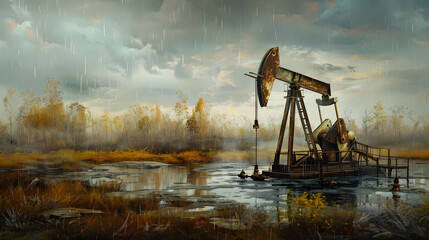 Rigs and other equipment as part of an oil production complex. AI Generated