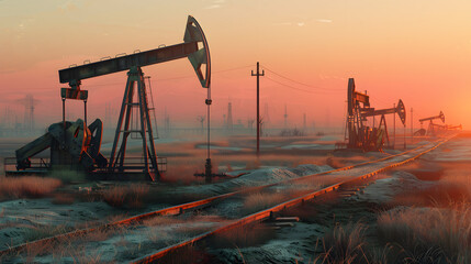 Rigs and other equipment as part of an oil production complex. AI Generated