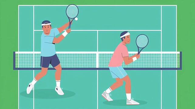 A cartoon flat style illustration of a tennis match in progress. There are two men playing tennis, each in a different position. The manon the left is about to hit the ball.