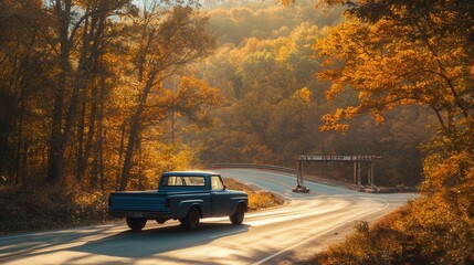 Obraz premium Scenic Autumn Drive with Vintage Blue Truck on Winding Road