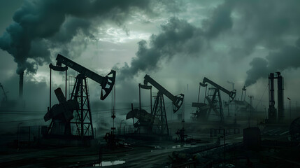 Rigs and other equipment as part of an oil production complex. AI Generated