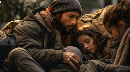 Fototapeta premium A homeless family huddled together for warmth
