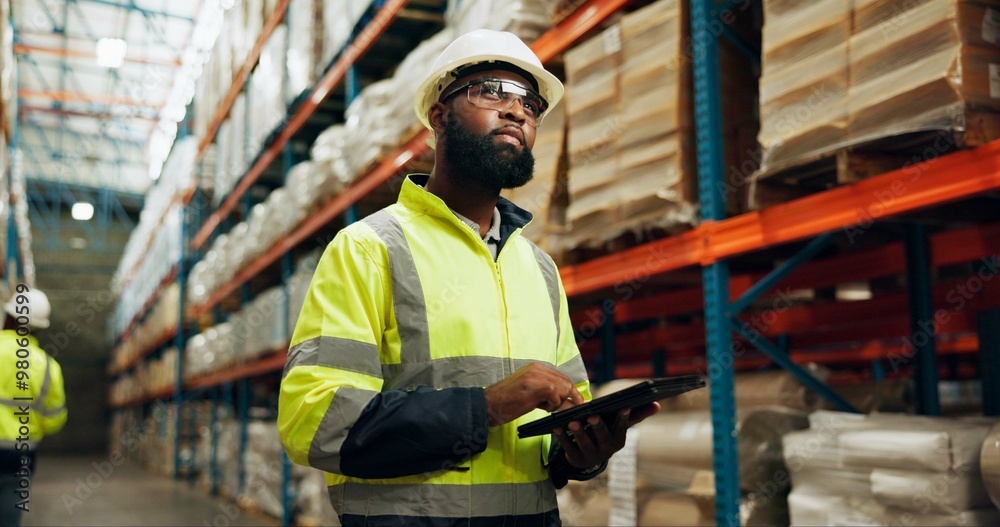Poster warehouse, man and tablet in inspection on logistic, quality control or stock management as supervis
