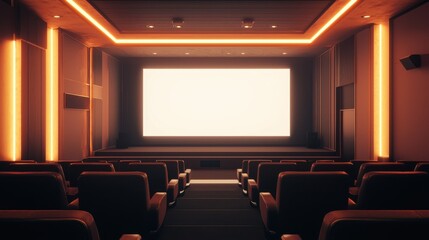 Modern art-house cinema with illuminated walls and empty seats facing a white screen