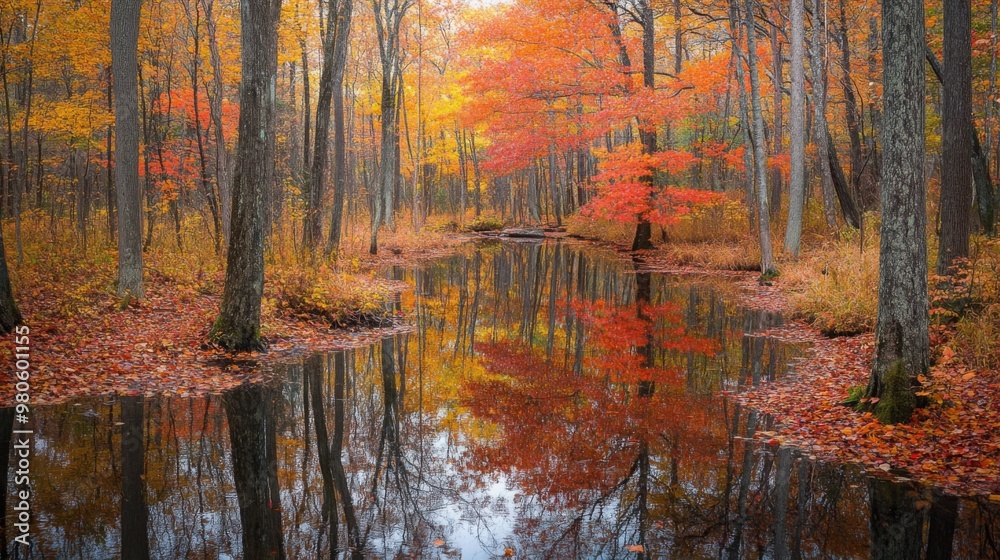 Poster a small stream flows through a forest, its surface reflecting the vivid colors of the surrounding tr