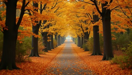 Fototapeta premium Autumn forest with a peaceful pathway lined with fallen leaves leading through a canopy of golden trees