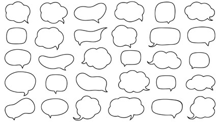 Collection of twenty five hand drawn speech bubbles expressing communication. Vector illustration