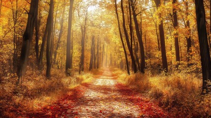 Fototapeta premium Picturesque Autumn Path with Golden Leaves and Sunlit Canopy