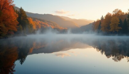 Fototapeta premium Serene autumn lake with reflections of colorful trees and a gentle mist rising from the water at dawn