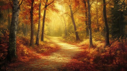 Obraz premium Scenic Autumn Trail with Dappled Sunlight and Fallen Leaves