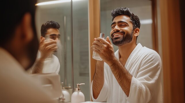 Young man enjoying grooming routine in bathroom mirror during morning skincare practice