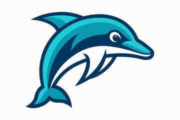 Fototapeta premium Stylized dolphin logo with cheerful expression and blue colors on white background 