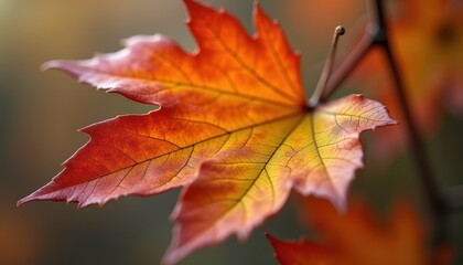 Obraz premium Close-up of a vibrant autumn leaf with intricate details and colors set against a soft focus background
