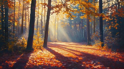 Obraz premium Serene Autumn Forest Path Illuminated by Sunlight