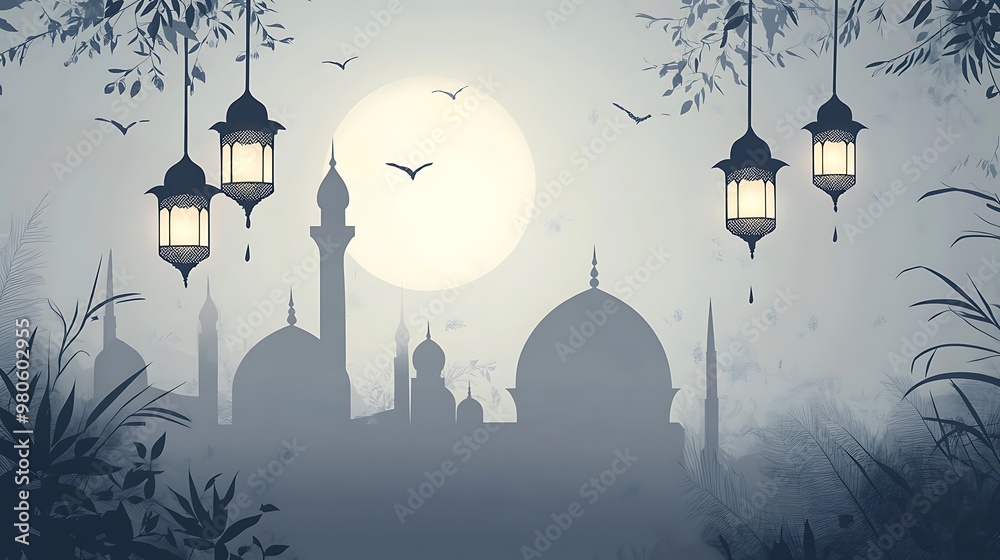 Wall mural Mosque Silhouettes Under a Full Moon