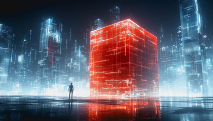 Futuristic neon-lit city, red cube, lone figure, glowing digital buildings, sci-fi atmosphere