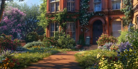 Fototapeta premium Majestic castle surrounded by a beautiful park with colorful flowers, evoking a fairytale atmosphere and scenic beauty in a historic setting.