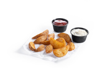 Fried potato wedges isolated on white background.