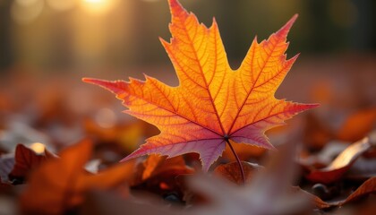 Close-up of a vibrant autumn leaf with intricate details and colors set against a soft focus background
