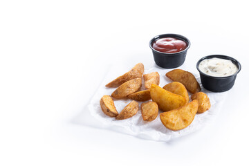 Fried potato wedges isolated on white background. Copy space