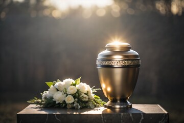 Gold Funeral Urn with White Rose Bouquet in Soft Sunlight