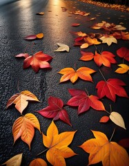 Autumn leaves on a wet road