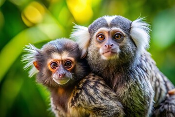 Fototapeta premium A playful baby marmoset clings to its mother's back, its large eyes curious and bright as it gazes out at the lush rainforest.