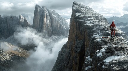 A climber stands on a snowy peak, overlooking dramatic mountain landscapes.