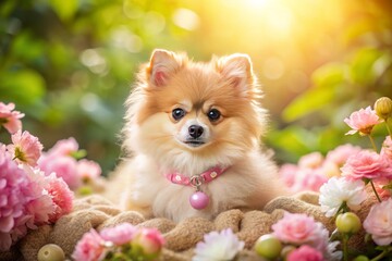 Fuzzy, curly-coated, big-eyed Pomeranian puppy lying on soft toys, wearing pink collar with bell, surrounded by blooming flowers and gentle sunlight.
