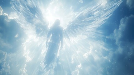 Majestic angel with radiant wings soaring through the cloudy sky.