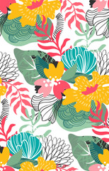 Vector seamless pattern with bright flowers and leaves. Endless floral background.