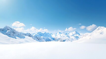 Majestic winter snow-covered mountains with a clear blue sky, pristine white landscape, ample copy space for text, high-end national geographic photography style, deep depth of field