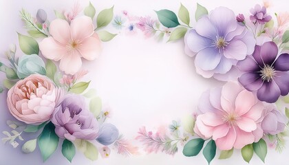 Fototapeta premium Soft pastel flowers frame a blank space.