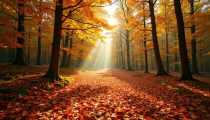 Scenic view of an autumn forest with a blanket of colorful leaves covering the forest floor and rays of sunlight filtering through