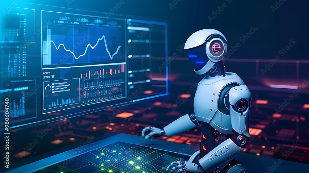 Poster a white humanoid robot analyzes data on a computer screen displaying a line graph of red and blue nu