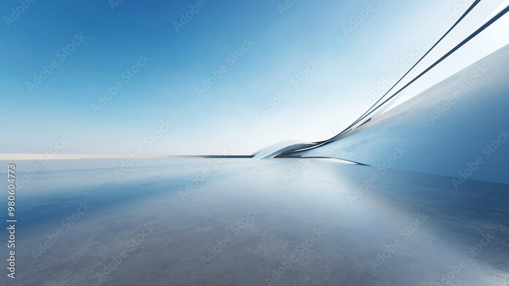 Poster 3d render of abstract curve structure futuristic architecture with empty concrete floor