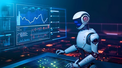 A white humanoid robot analyzes data on a computer screen displaying a line graph of red and blue numbers. The robot's head is turned toward the screen as it processes the information.