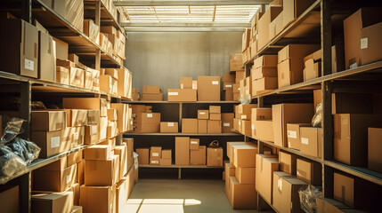 Stacked cardboard boxes in a storage room