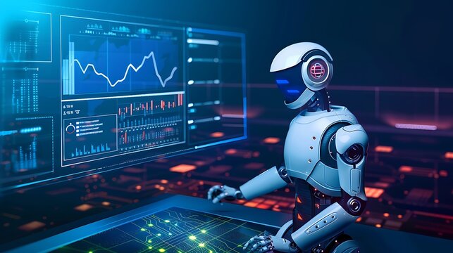 A white humanoid robot analyzes data on a computer screen displaying a line graph of red and blue numbers. The robot's head is turned toward the screen as it processes the information.