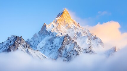 Naklejka premium Majestic mountain range at sunrise with golden light illuminating the peaks, clouds rolling through the valleys, copy space for text, high-end national geographic photography style, deep depth of
