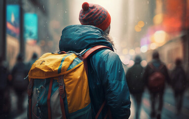 Obraz premium A young backpacker girl on a big city street. Generative AI 