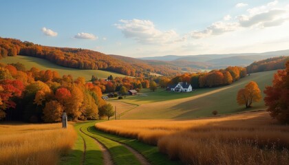 Obraz premium Idyllic autumn countryside with a clear sky, rolling hills covered in vibrant fall foliage, and a peaceful farmhouse
